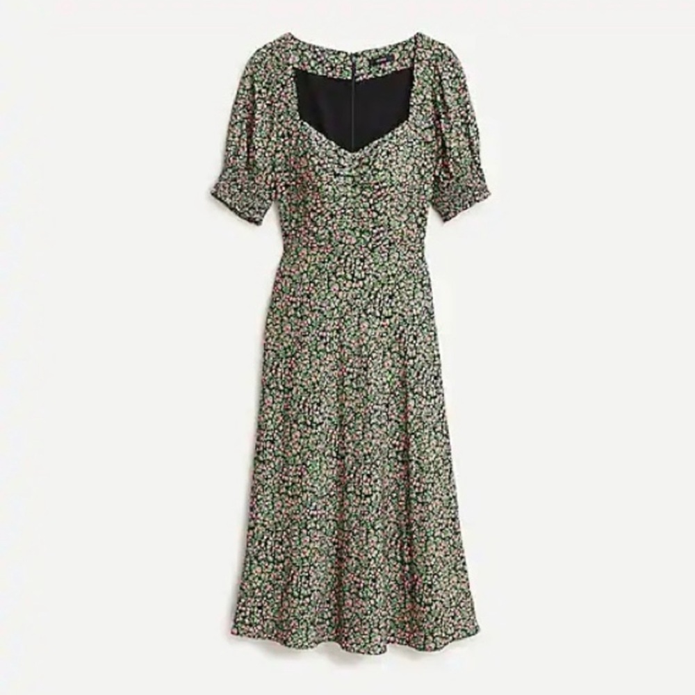J. Crew Black Floral Smocked Sleeve Sweetheart Midi Dress Sz 2 NWT Milkmaid